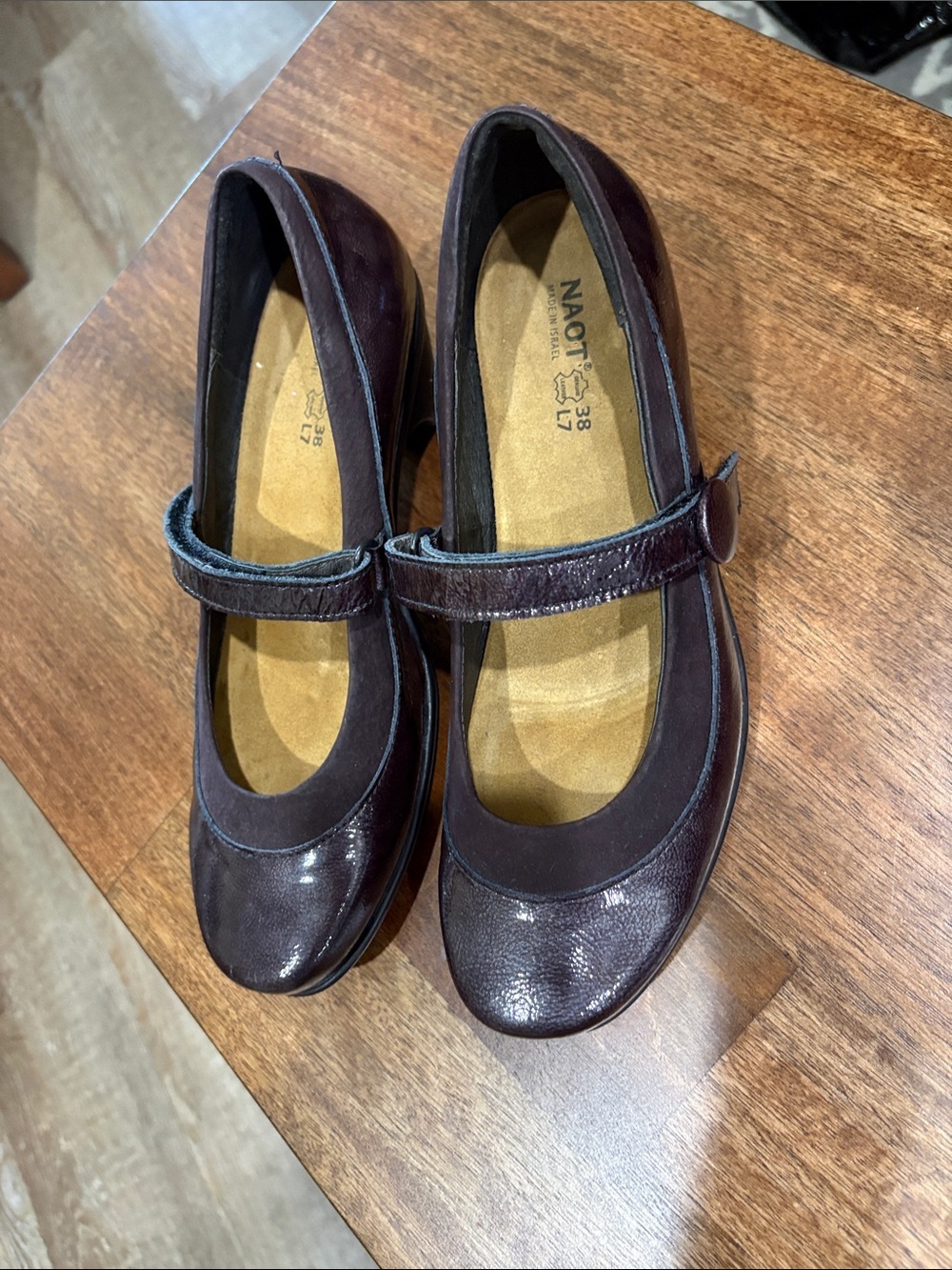 NAOT size 7 Patent Leather Mary Jane Pumps. Burgundy / Brown color.